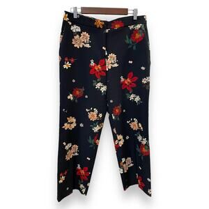 Zara Basic Womens L Floral Straight Leg High Rise Stretch Ankle Pants Navy Blue